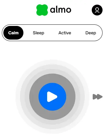 Almo guided breathing screen with Calm, Sleep, Active, and Deep modes